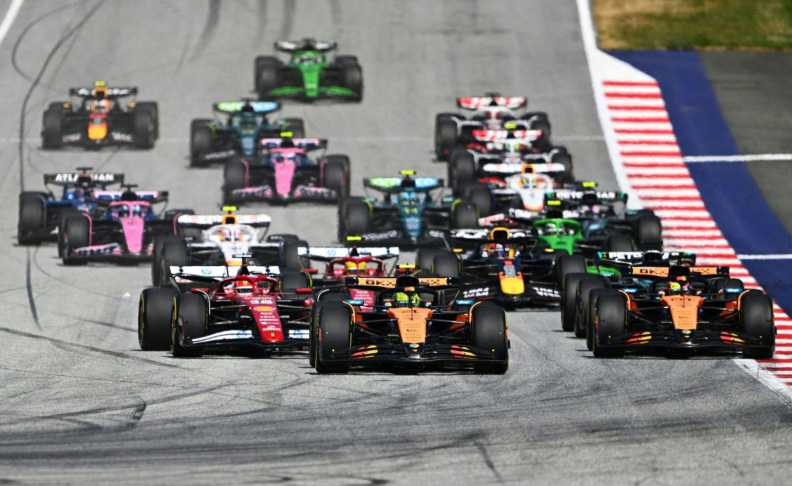 <i>Max Slovencik/APA/AFP/Getty Images via CNN Newsource</i><br/>Lando Norris began in pole position and led for all but a few seconds.