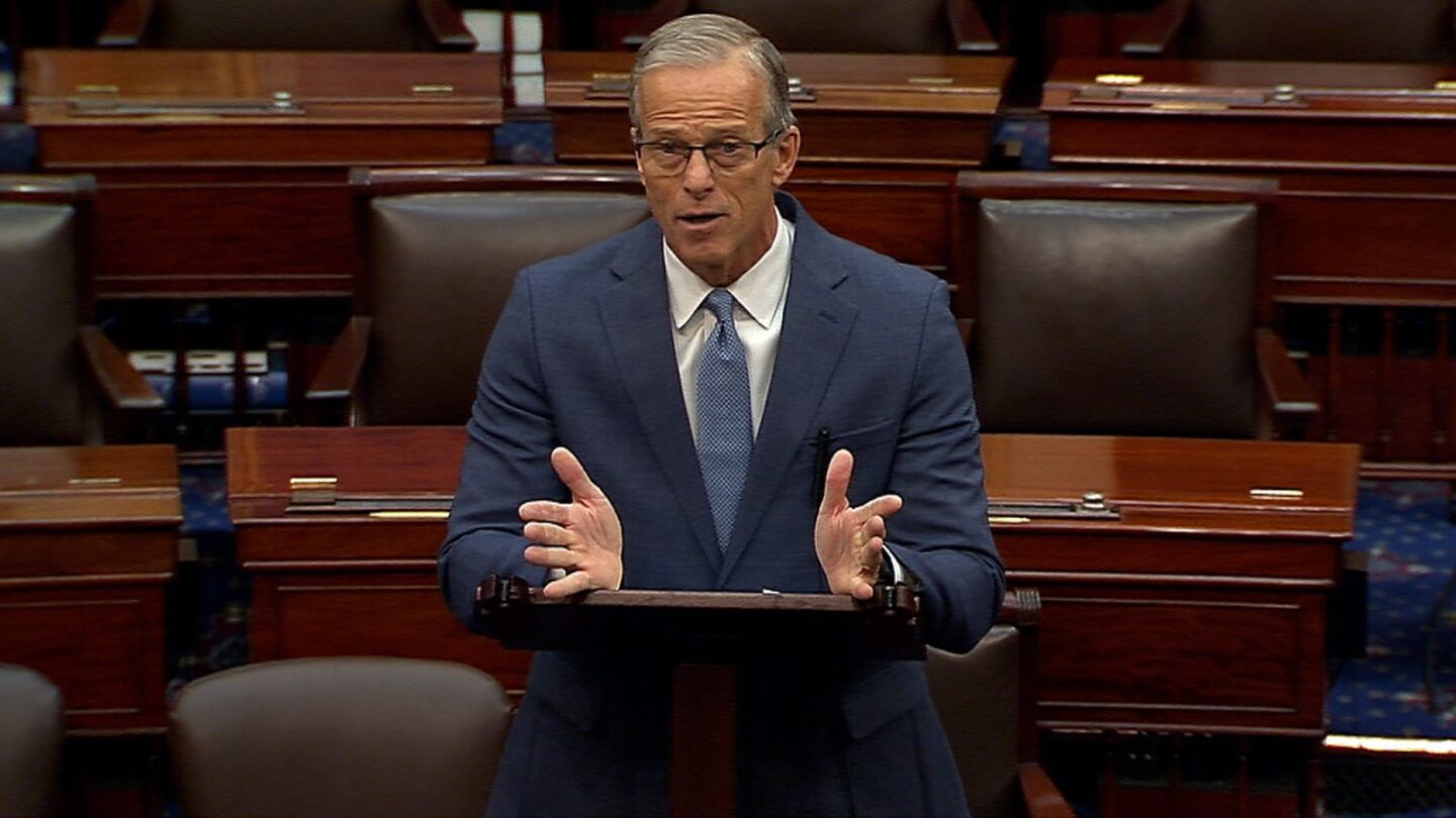 <i>Senate TV via CNN Newsource</i><br/>Senate Majority Leader John Thune speaks on the floor of the Senate on Monday