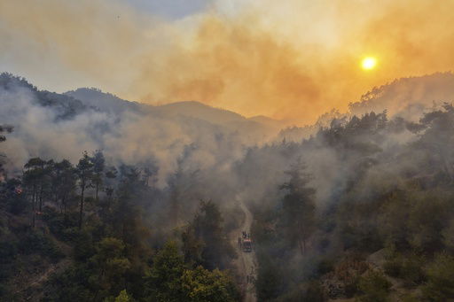 Smoke rises into the sky during a wildfirenear the town of Rabia