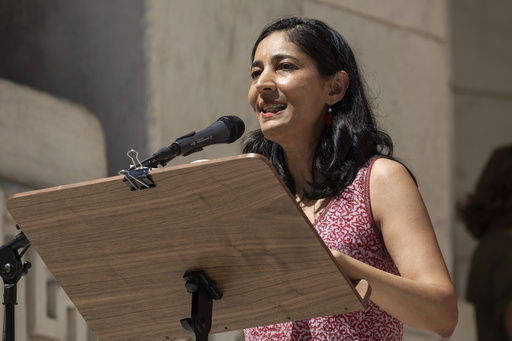 FILE - Indian author Kiran Desai speaks during a reading event in solidarity with Salman Rushdie outside the New York Public Library