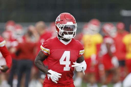 Kansas City Chiefs wide receiver Rashee Rice participates during NFL football practice