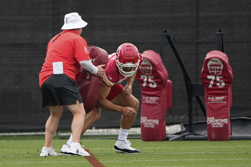 Kansas City Chiefs tight end Travis Kelce participates in a drill during the NFL football team's practice Tuesday
