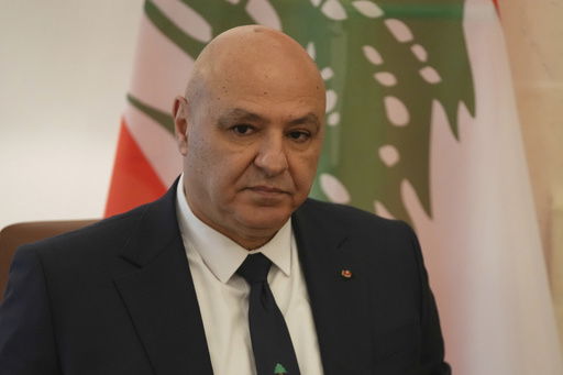 Lebanese President Joseph Aoun looks on during a meeting with Cyprus' President Nikos Christodoulides at the Presidential Palace in the capital Nicosia