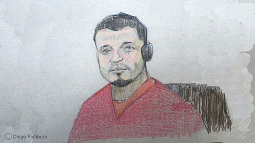 This courtroom sketch depicts Kilmar Abrego Garcia sitting in court during his detention hearing on Wednesday