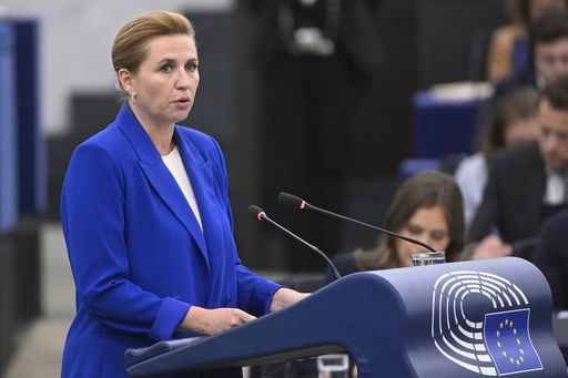 Denmark's Prime Minister Mette Frederiksen delivers her speech as Denmark holds the rotating presidency of the Council of Europe