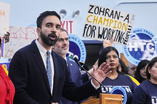 Democrat mayoral candidate Zohran Mamdani speaks during a rally at the Hotel & GamingTrades Council headquarters in New York