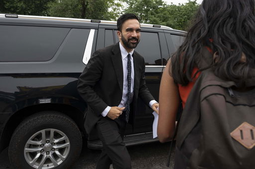 FILE - Democratic mayoral candidate Zohran Mamdani arrives at House of Justice for National Action Network's Saturday action rally in Harlem