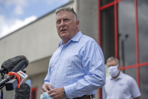 FILE - Georgia Insurance and Safety Fire Commissioner John King makes a statement and answers questions from the media following a tour of Fieldale Farms while visiting Gainesville