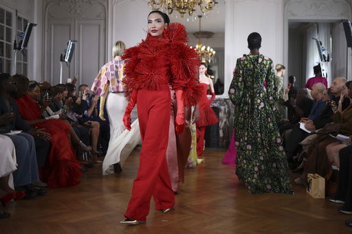 A model wears a creation as part of the Imane Ayissi Fall-Winter 2025/26 Haute Couture collection presented Monday