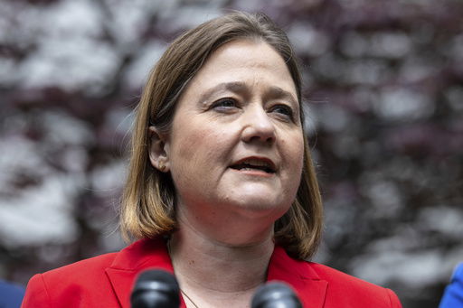 FILE - Iowa Attorney General Brenna Bird speaks at a press conference