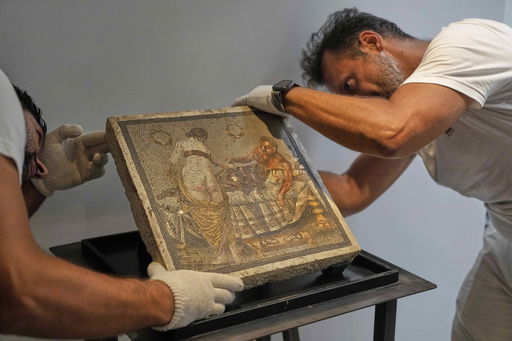 Restorers set on display a Roman mosaic depicting a pair of lovers