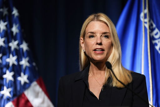 Attorney General Pam Bondi speaks at a news conference at the Drug Enforcement Administration