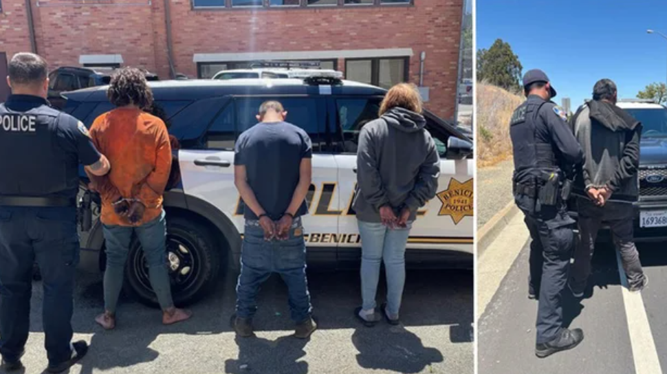 <i>KPIX/Benicia Police Department via CNN Newsource</i><br/>A photo posted by Benicia police showing the arrests of four people following an alleged copper theft on July 9.