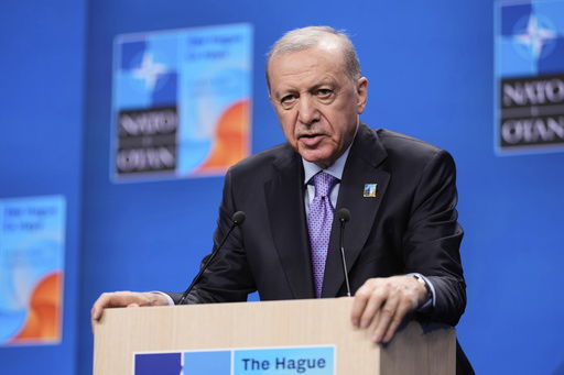 Turkish President Recep Tayyip Erdogan speaks during a media conference at the NATO summit in The Hague