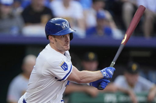 Kansas City Royals' Mark Canha watches his force out to score a run during the third inning of a baseball game against the Pittsburgh Pirates