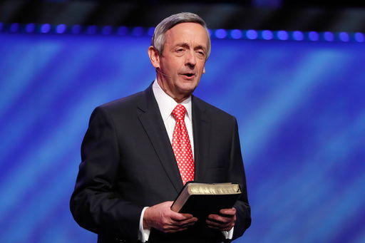 FILE - Senior Pastor Dr. Robert Jeffress addresses attendees at First Baptist Church Dallas during a Celebrate Freedom Rally in Dallas
