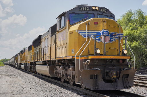 FILE - A Union Pacific train travels through Union