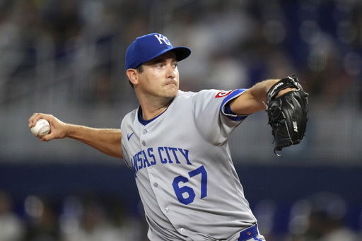 Kansas City Royals starting pitcher Seth Lugo pitches during the second inning of a baseball game against the Miami Marlins