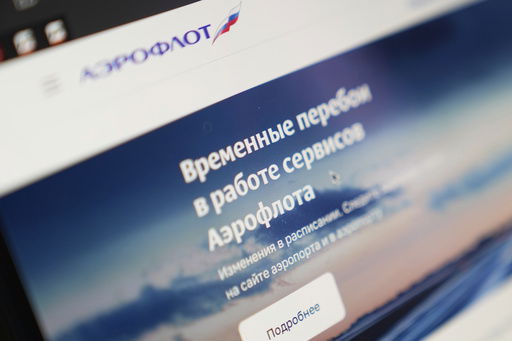 A view of the Aeroflot website alerting in Russian on temporary disruptions of airline's services