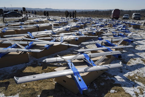 FILE - Ukrainian-made fixed-wing Besomar 3210 drone interceptors are handed over to the Armed Forces by Kozytskyi Charity Foundation in an undisclosed location in the Lviv region