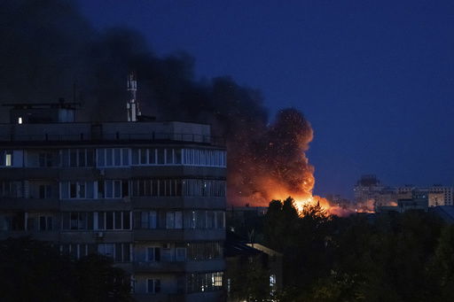 A fire is seen after a Russian strike on Kyiv