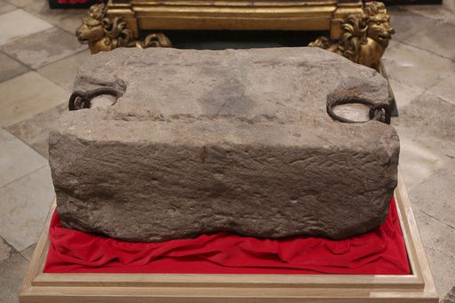 FILE - The Stone of Destiny is seen during a welcome ceremony ahead of the coronation of Britain's King Charles III in Westminster Abbey