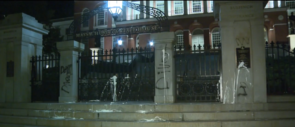 <i>WBZ via CNN Newsource</i><br/>The entrance to the Massachusetts State House in Boston was vandalized early Wednesday morning and the bomb squad was later called in.
