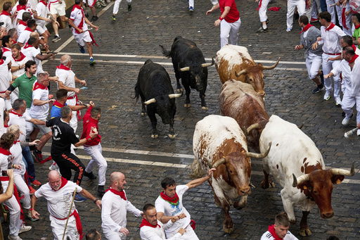 Revelers run with bulls from Fuente Ymbro ranch during the first day of the running of the bulls at the San Fermín fiestas in Pamplona