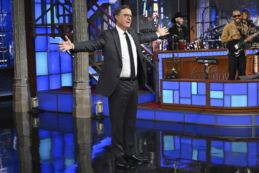 This image released by CBS shows Stephen Colbert during a taping of