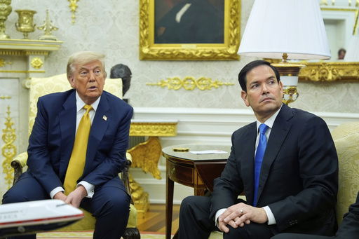 President Donald Trump and Secretary of State Marco Rubio listen during a meeting with Bahrain's Crown Prince Salman bin Hamad Al Khalifa in the Oval Office of the White House