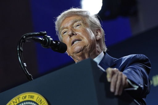 President Donald Trump speaks during an AI summit at the Andrew W. Mellon Auditorium