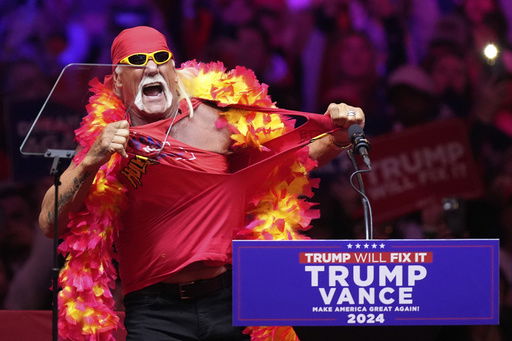 FILE - Hulk Hogan speaks before Republican presidential nominee former President Donald Trump at a campaign rally at Madison Square Garden