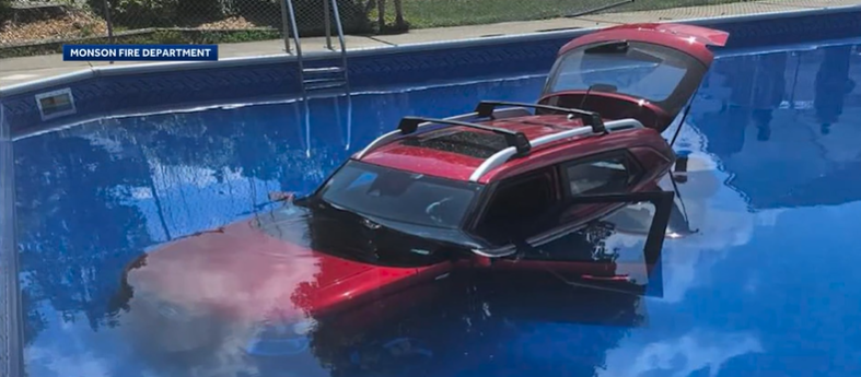 <i>WCVB/Monson Police Department via CNN Newsource</i><br/>A car crashed into the Sunsetview Campground Summer Camp's pool