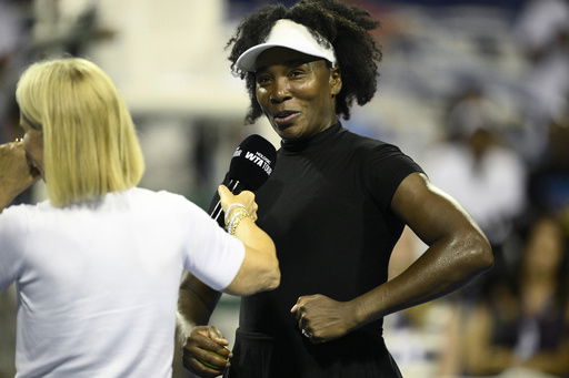 Venus Williams speaks during an interview after her win over Peyton Stearns after a match at the Citi Open tennis tournament Tuesday