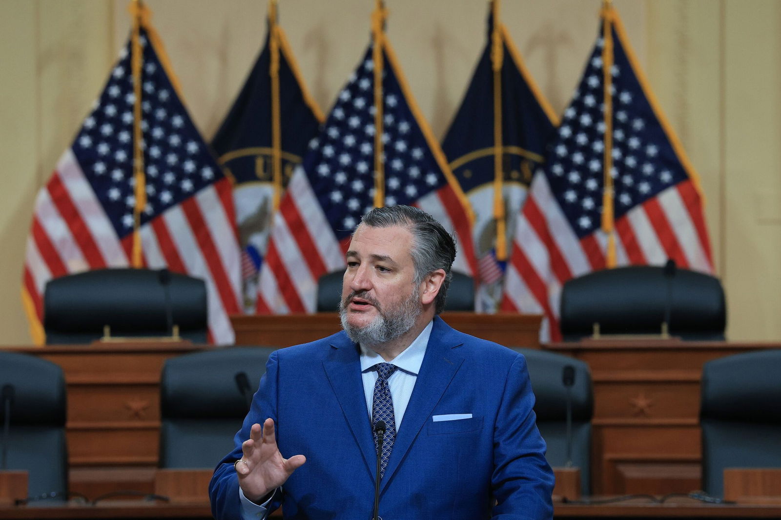 <i>Win McNamee/Getty Images via CNN Newsource</i><br/>Sen. Ted Cruz (R-TX) delivers remarks during a press conference on Capitol Hill May 8. Cruz was on a pre-planned vacation in Greece with his family when devastating floods hit central Texas.
