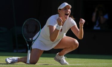 Amanda Anisimova celebrates after advancing to the Wimbledon semifinals with a 6-1
