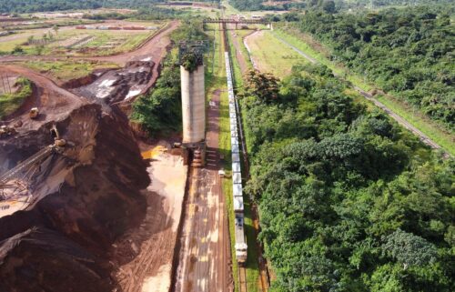 A view of a train loaded with iron ore at the ArcelorMittal iron ore mine in Mount Nimba
