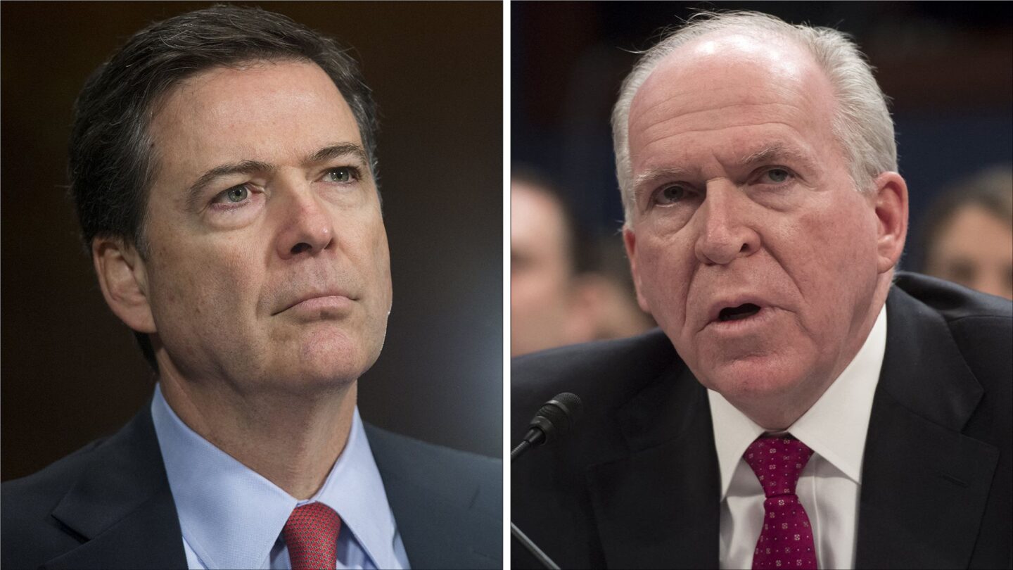 <i>Saul Loeb/AFP/Getty Images/File via CNN Newsource</i><br/>Former FBI Director James Comey and Former CIA Director John Brennan.