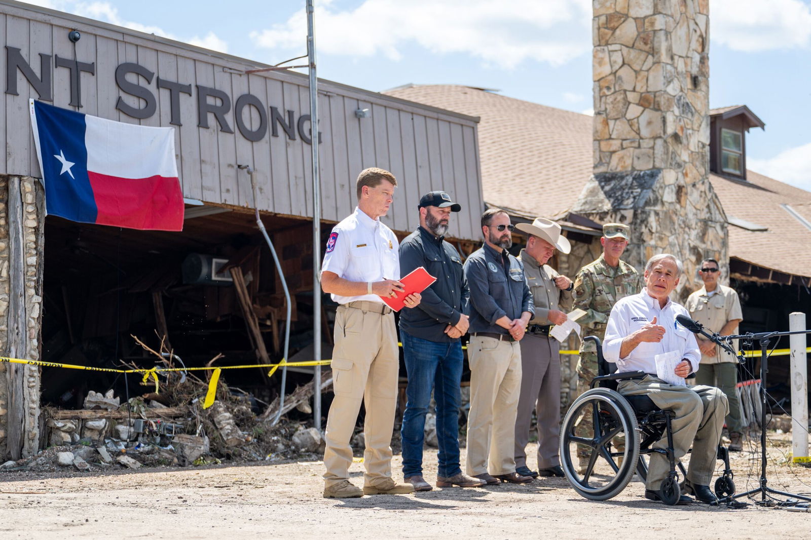 <i>Brandon Bell/Getty Images via CNN Newsource</i><br/>Gov. Greg Abbott speaks at a news conference in Hunt