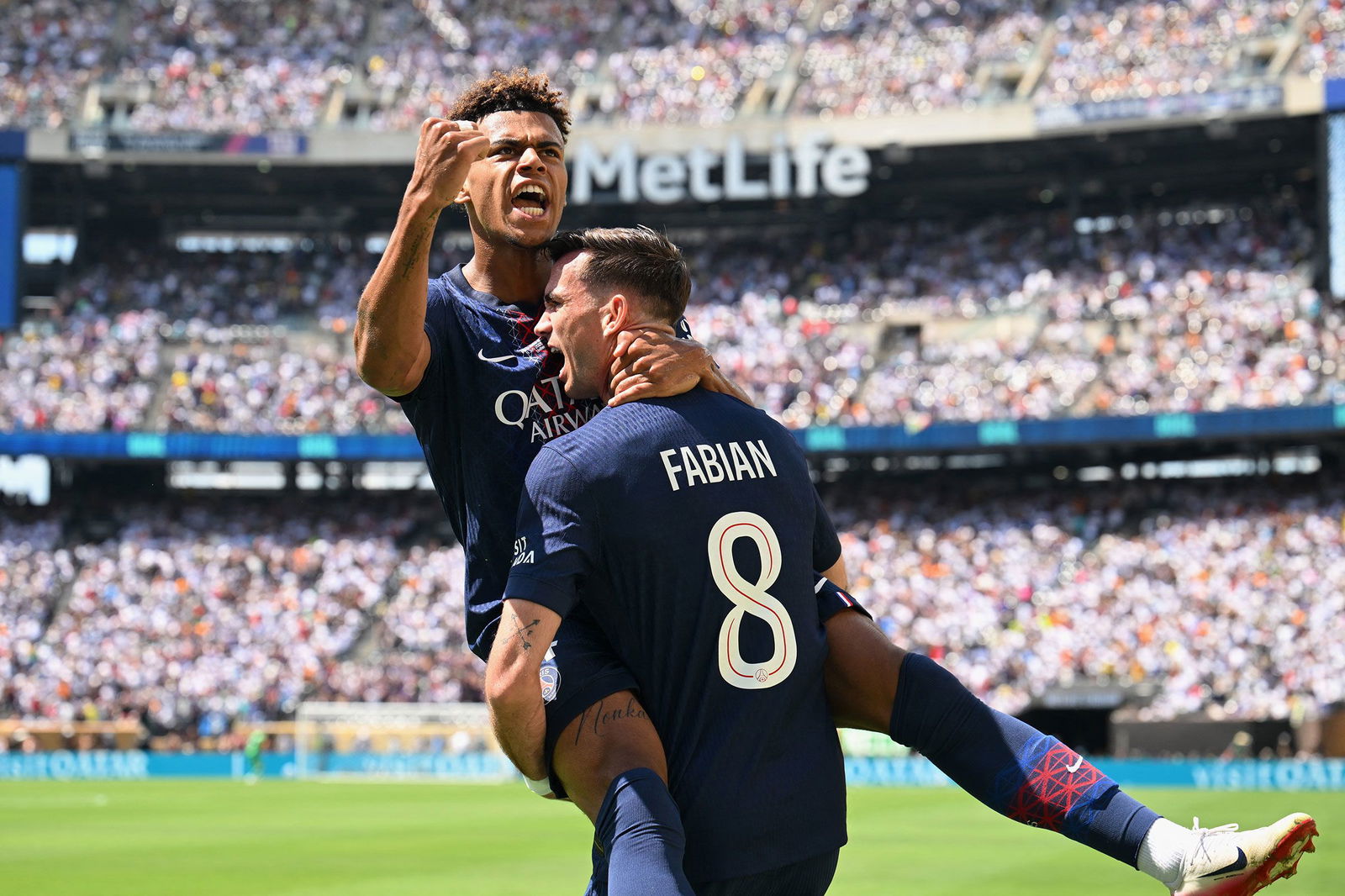 <i>Angela Weiss/AFP/Getty Images via CNN Newsource</i><br/>Fabián Ruiz (No. 8) scored twice as PSG booked its spot in the Club World Cup final with its emphatic victory over Real Madrid.