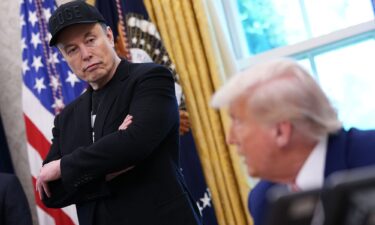 Elon Musk listens as President Donald Trump speaks to reporters in the Oval Office of the White House earlier this year.