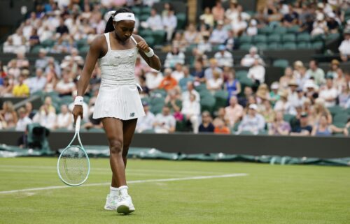 Coco Gauff of the U.S. reacts during her first round match against Ukraine's Dayana Yastremska.
