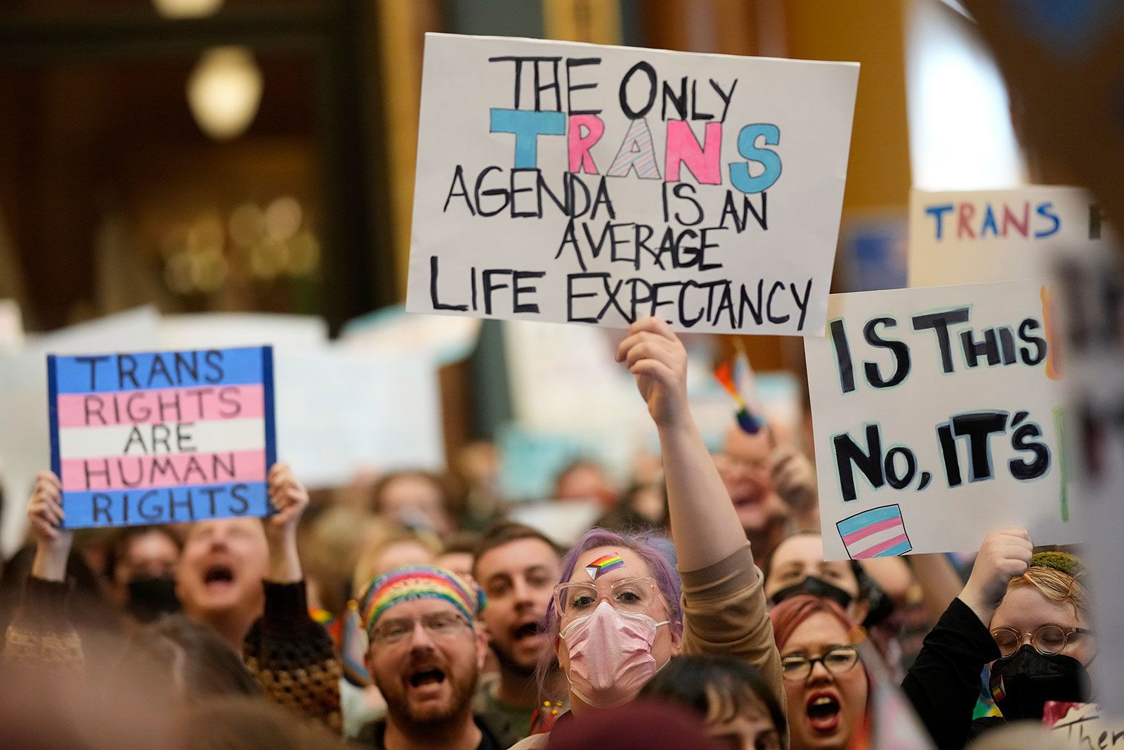 <i>Charlie Neibergall/AP/File via CNN Newsource</i><br/>Protesters filled the Iowa state Capitol in February to denounce legislation aimed at stripping the state civil rights code of protections based on gender identity. The law took effect July 1.