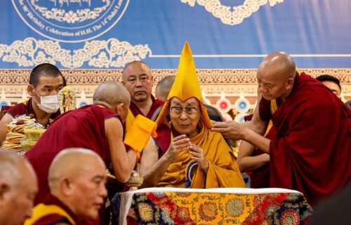 Tibetan Buddhism's spiritual leader the Dalai Lama attends a Long Life Prayer offering ceremony at the Main Tibetan Temple in McLeod Ganj