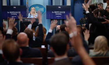 White House Press Secretary Karoline Leavitt talks to reporters during a news conference in the Brady Press Briefing Room at the White House on May 9