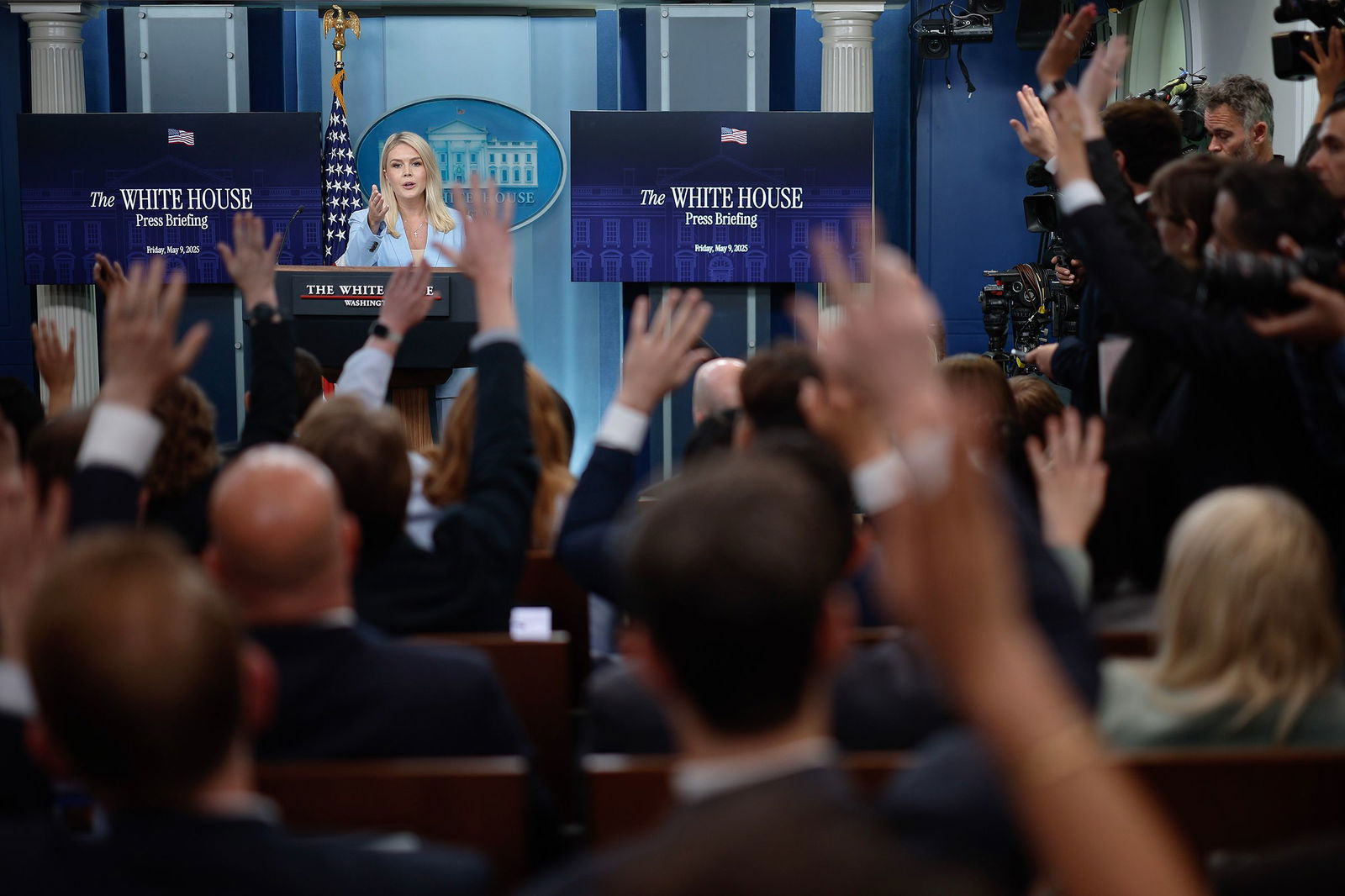 <i>Chip Somodevilla/Getty Images via CNN Newsource</i><br/>White House Press Secretary Karoline Leavitt talks to reporters during a news conference in the Brady Press Briefing Room at the White House on May 9