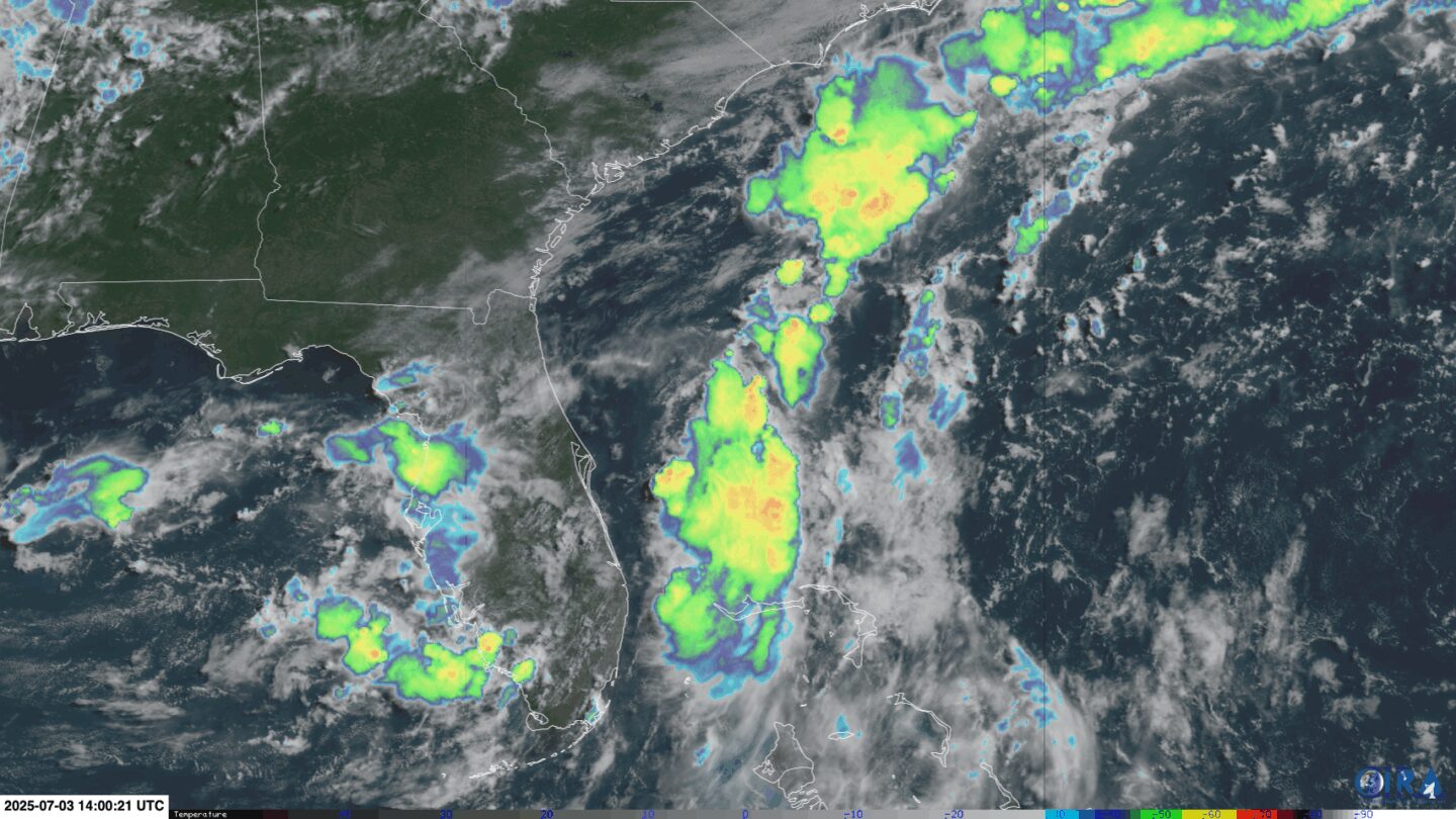 <i>CIRA/RAMMB/NOAA via CNN Newsource</i><br/>Stormy weather (indicated by the colored clouds) bubbles up near and over the Southeast on Thursday morning in the area the National Hurricane Center is keeping an eye on for tropical development.