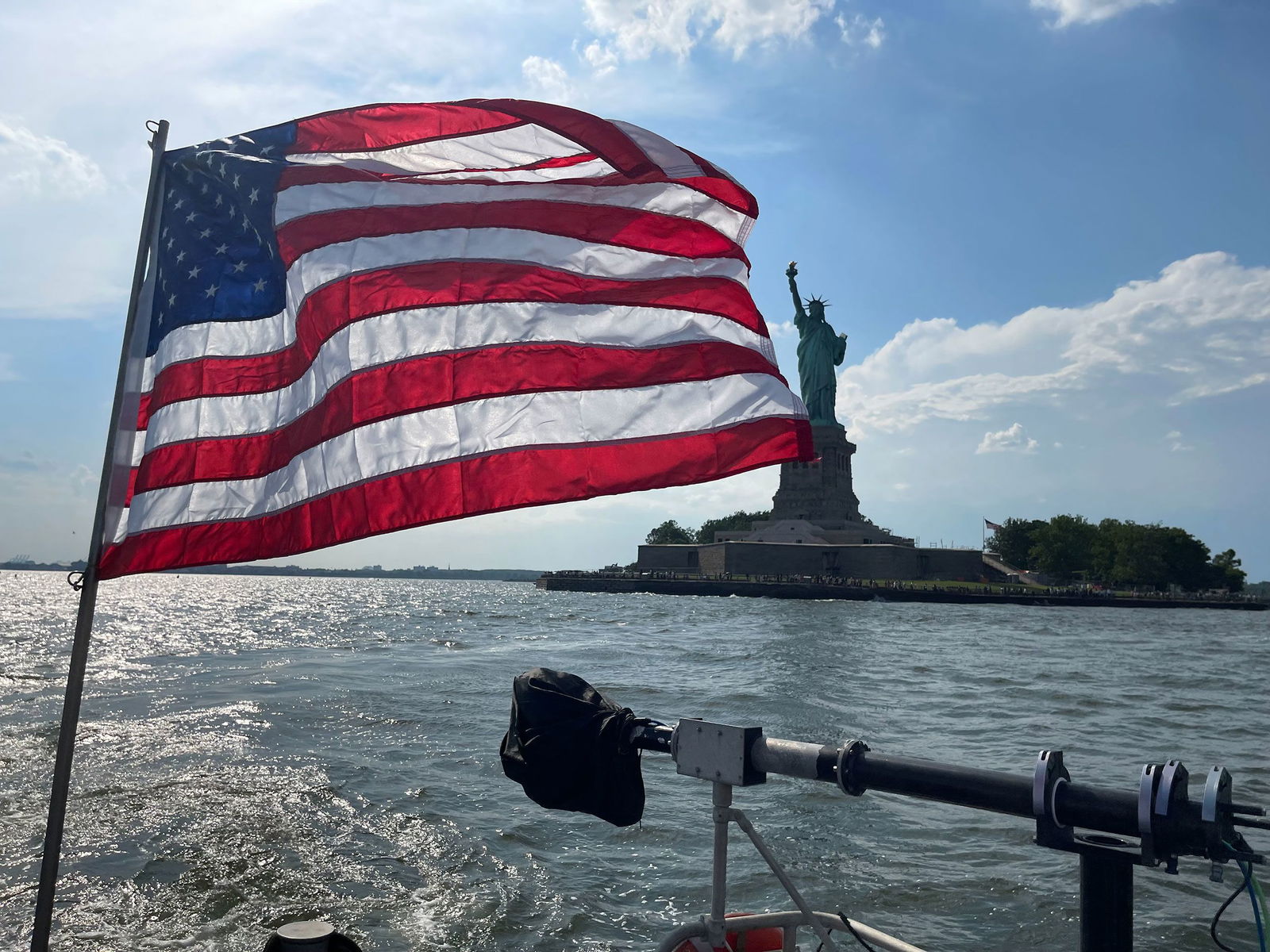 <i>Mark Morales/CNN via CNN Newsource</i><br/>An American flag fles from the back of a NYPD boat on Thursday