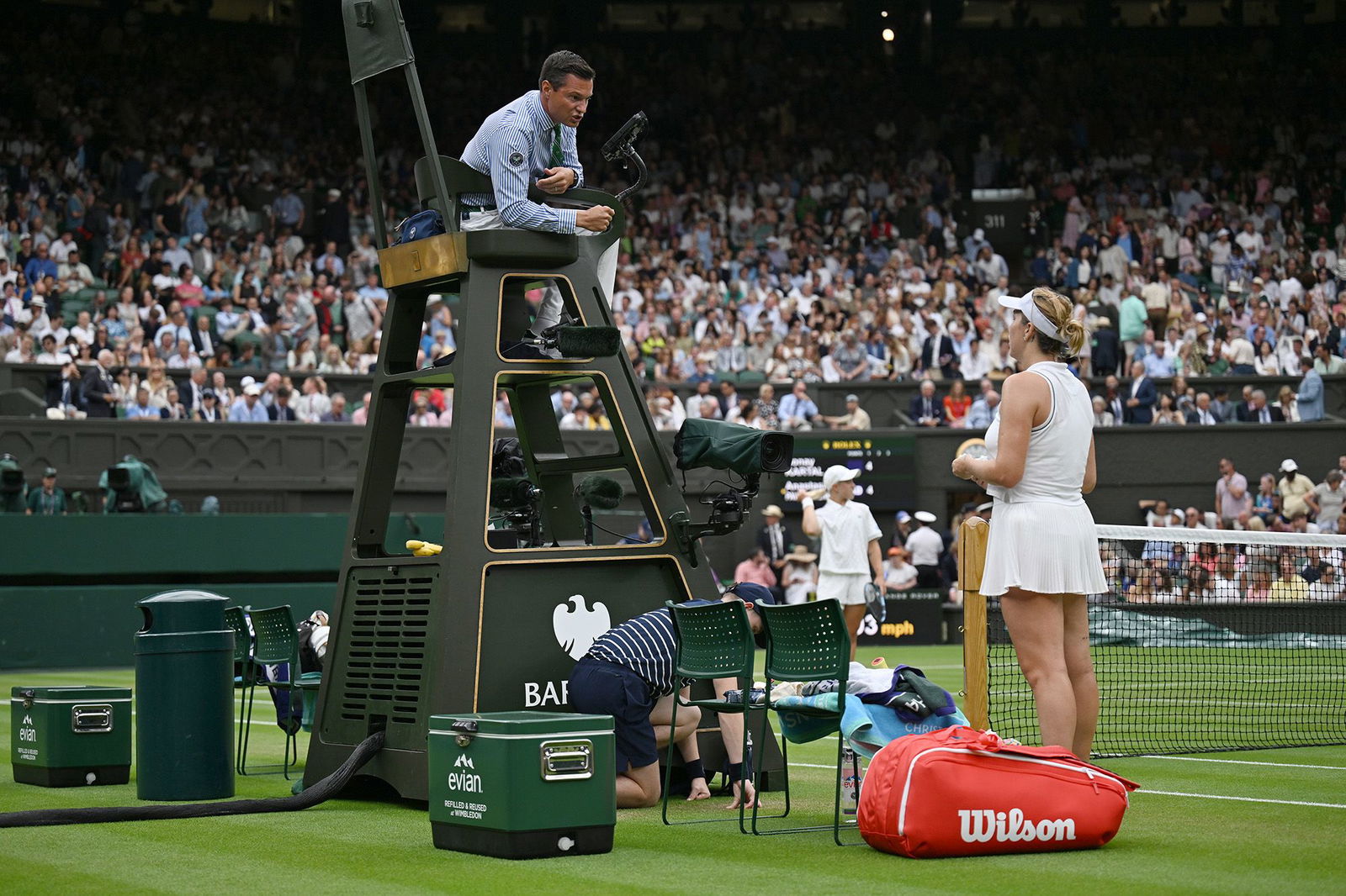 <i>Visionhaus/Getty Images via CNN Newsource</i><br/>Anastasia Pavlyuchenkova (right) speaks to umpire Nico Helwerth during her match against Sonay Kartal.