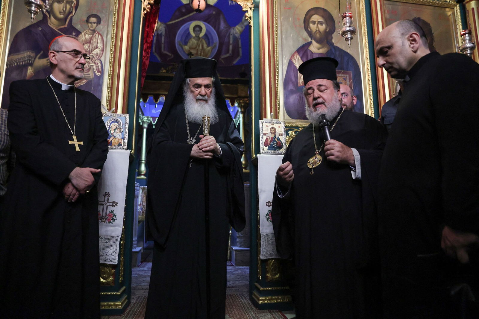<i>Omar Al-Qatta/AFP via Getty Images via CNN Newsource</i><br/>Leaders from the Catholic and Greek Orthodox Church visited Gaza’s only Catholic church on July 18.